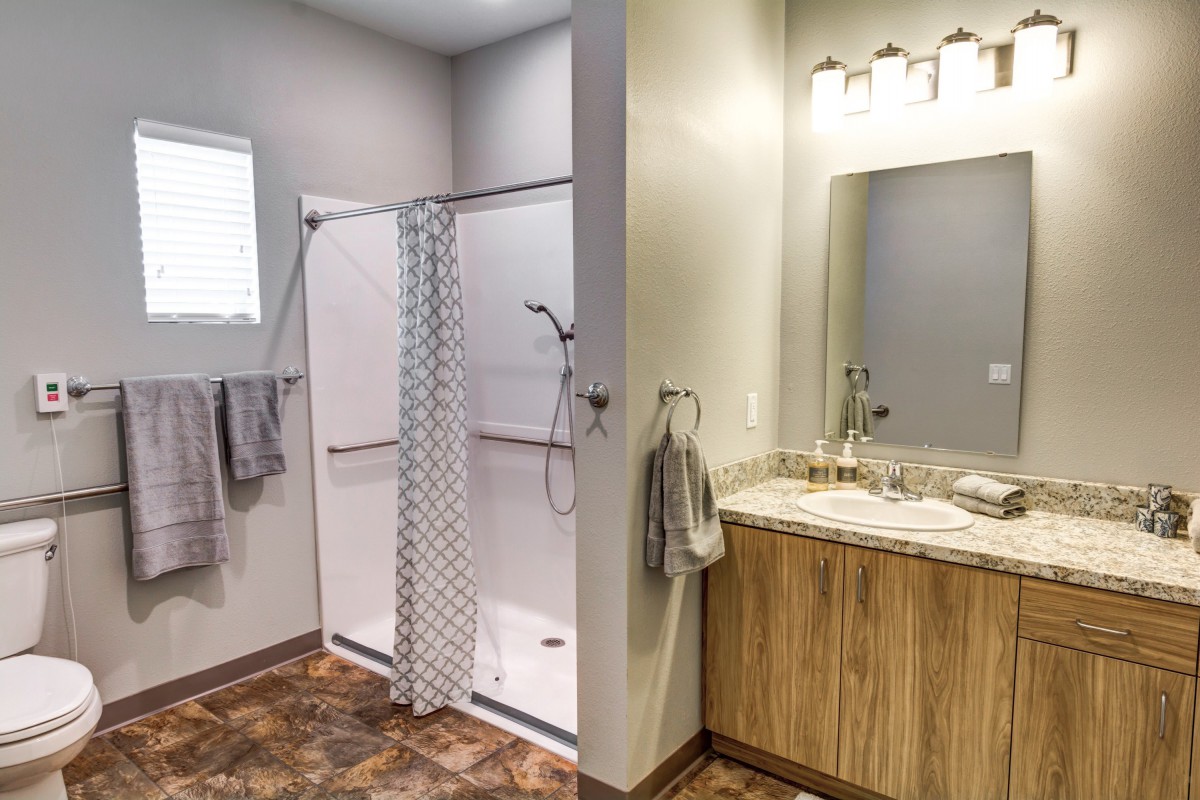 A modern bathroom featuring a shower with a curtain and a vanity with a sink and mirror.