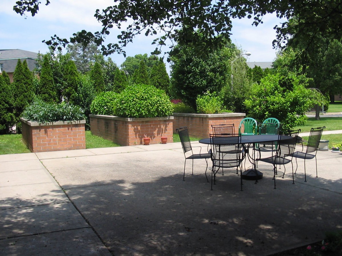 A tranquil patio area with outdoor seating surrounded by lush greenery on a sunny day.