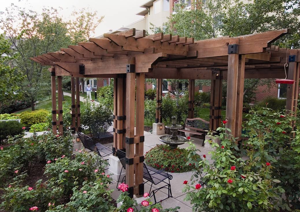 A beautiful wooden pergola surrounded by lush garden and rose bushes, with outdoor seating underneath.