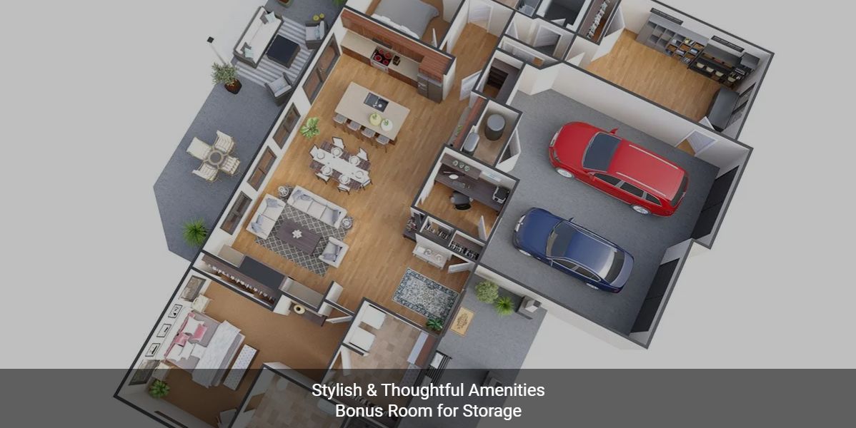 A detailed floor plan showcasing a stylish home layout with thoughtful amenities and a bonus room for storage.