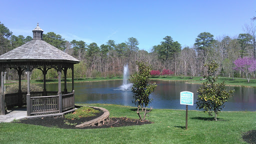 A serene park view featuring a gazebo by a pond with a fountain, surrounded by lush greenery and trees.