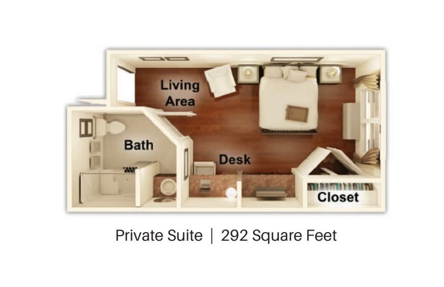 Floor plan of a private suite measuring 292 square feet, featuring a living area, desk, bathroom, closet, and bedroom.