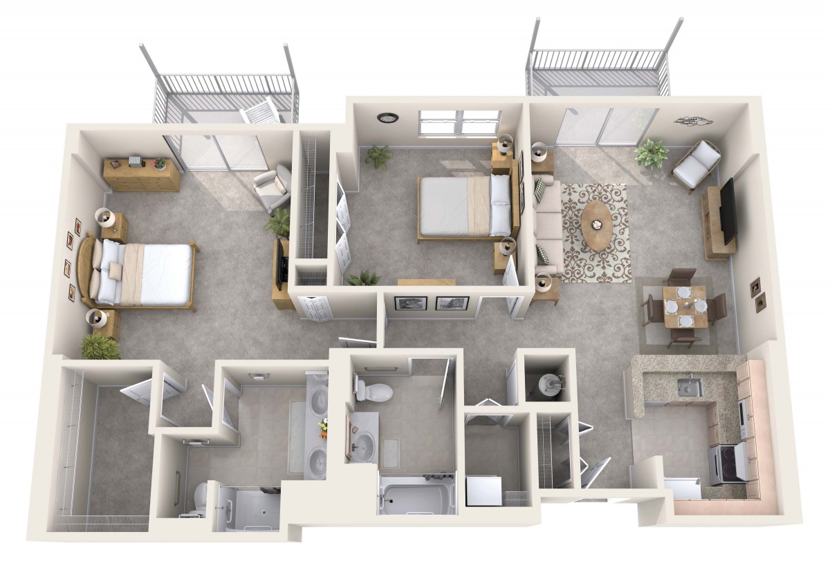 A detailed floor plan of a two-bedroom apartment, showcasing the living room, kitchen, and bathroom.