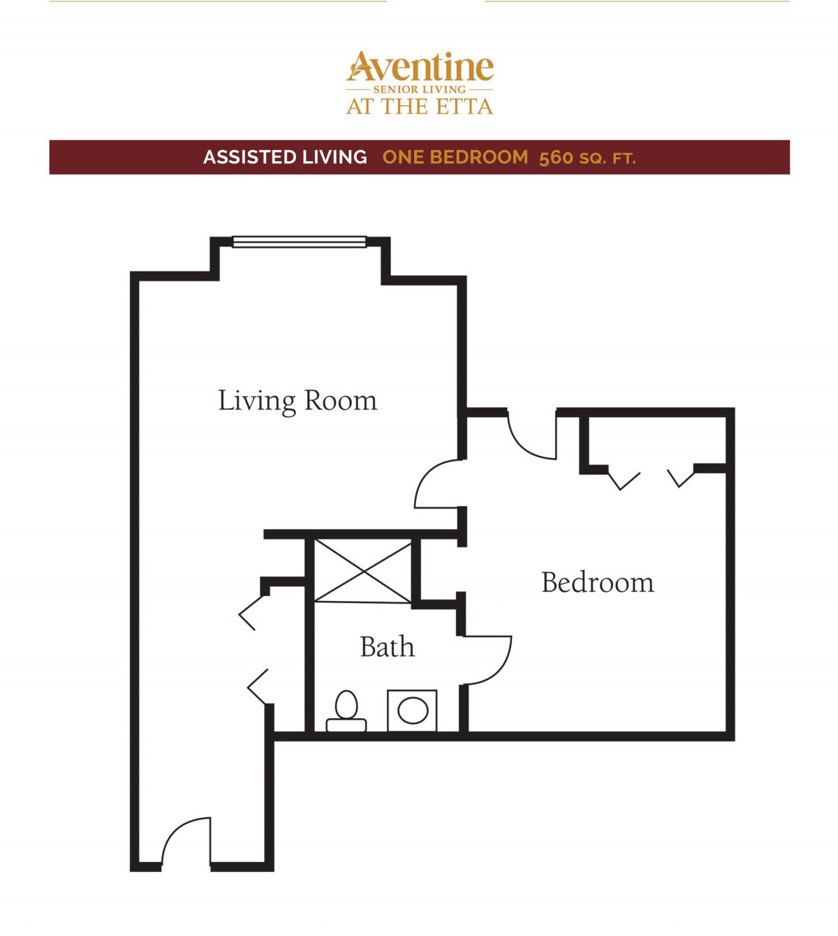A floor plan layout for an assisted living apartment, featuring a living room, bedroom, and bathroom.