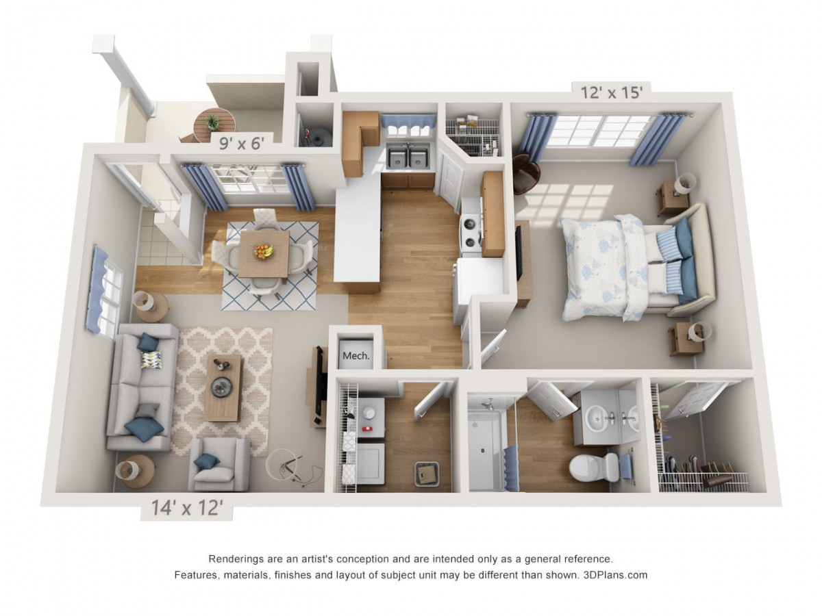 A detailed 3D floor plan of a one-bedroom apartment featuring a kitchen, living room, bathroom, and bedroom.