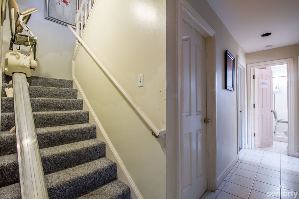 A view of a carpeted staircase and hallway in a house, featuring several doors.