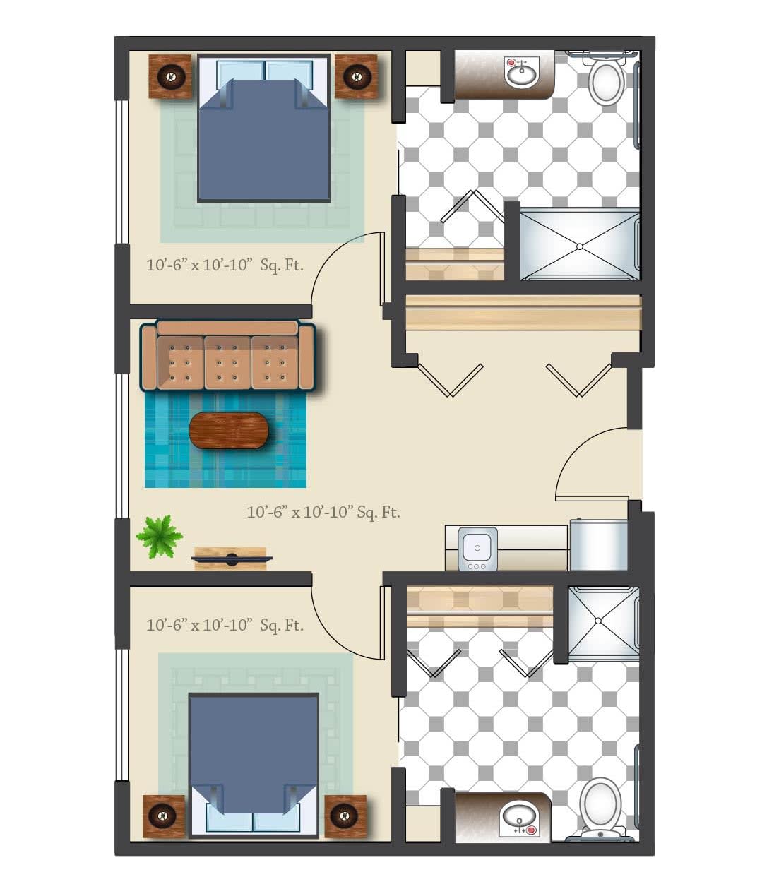 A schematic floor plan showcasing a two-bedroom apartment layout with distinct living, dining, and bathing areas.