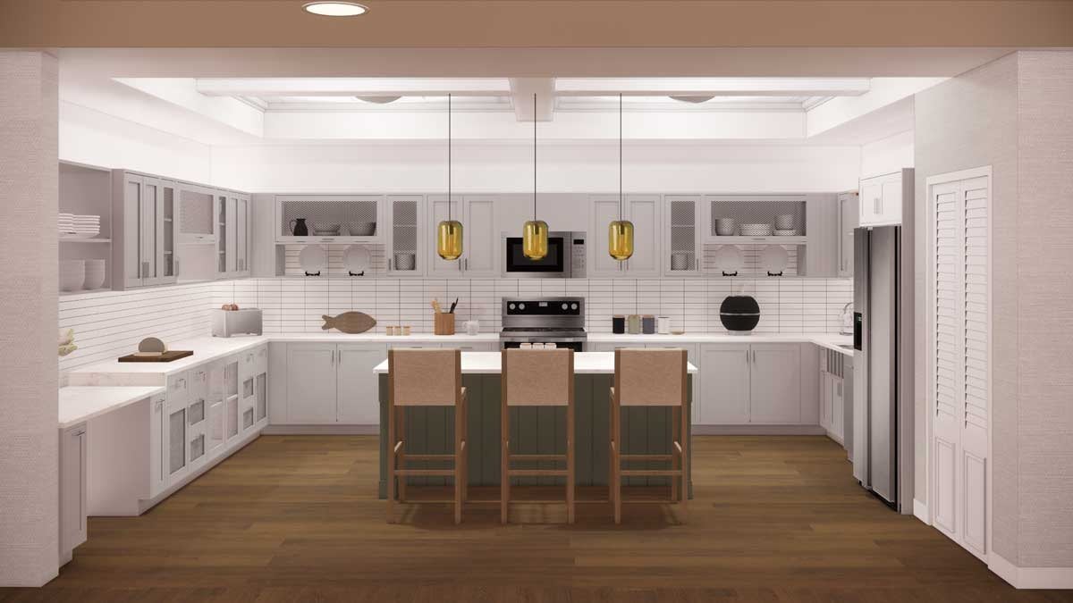 A modern kitchen with a central island and pendant lighting.