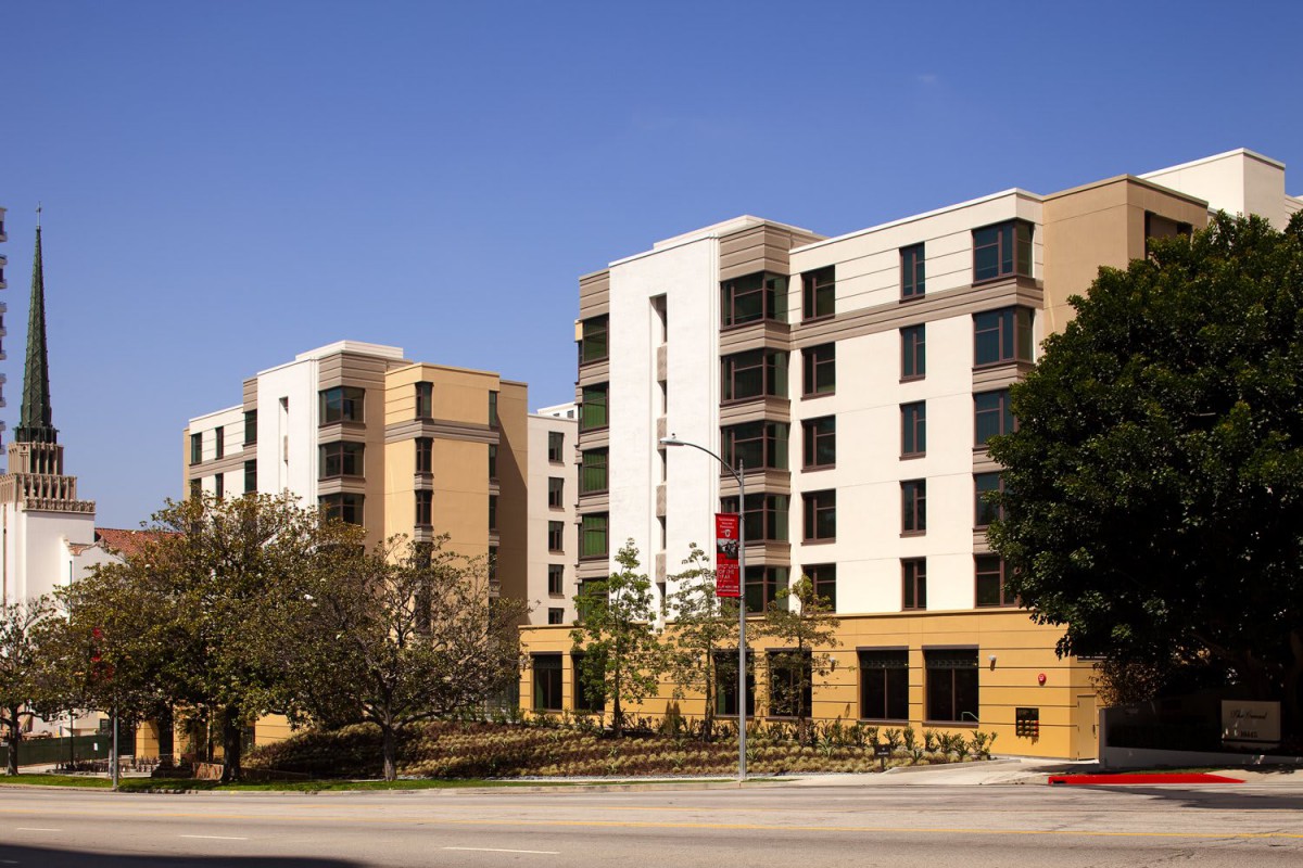 Modern apartment buildings in an urban setting.