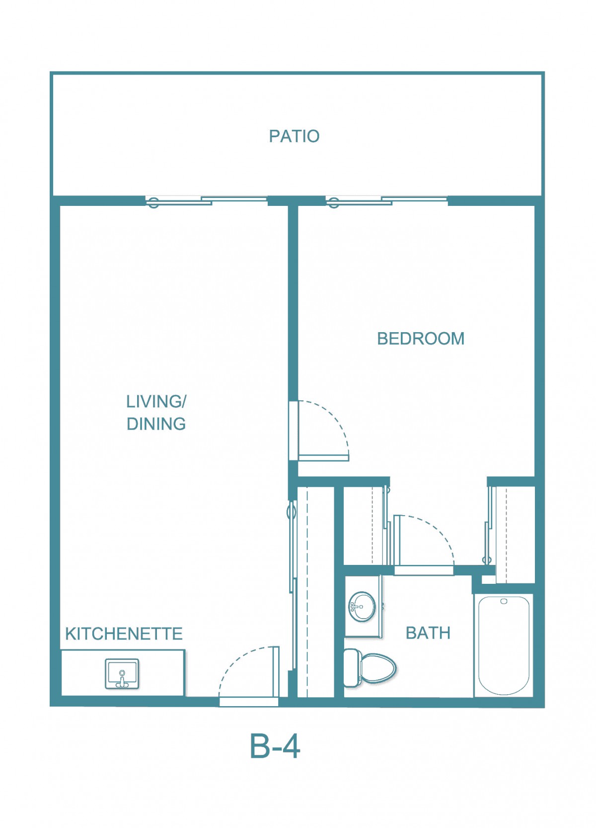One-bedroom apartment floor plan with living/dining area, kitchenette, bathroom, and patio.