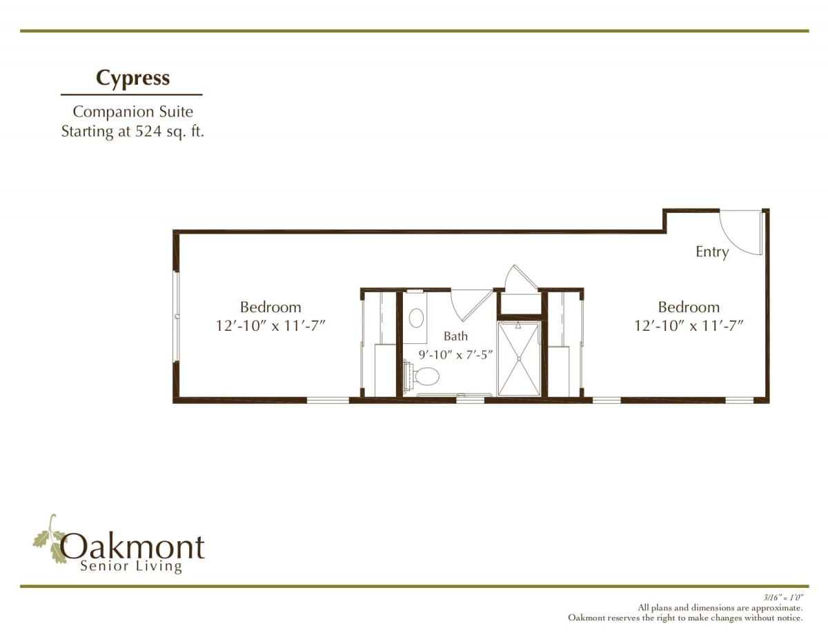 A floor plan layout of a residential suite with two bedrooms and a living area.
