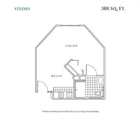 A floor plan of a 388 square foot studio apartment.