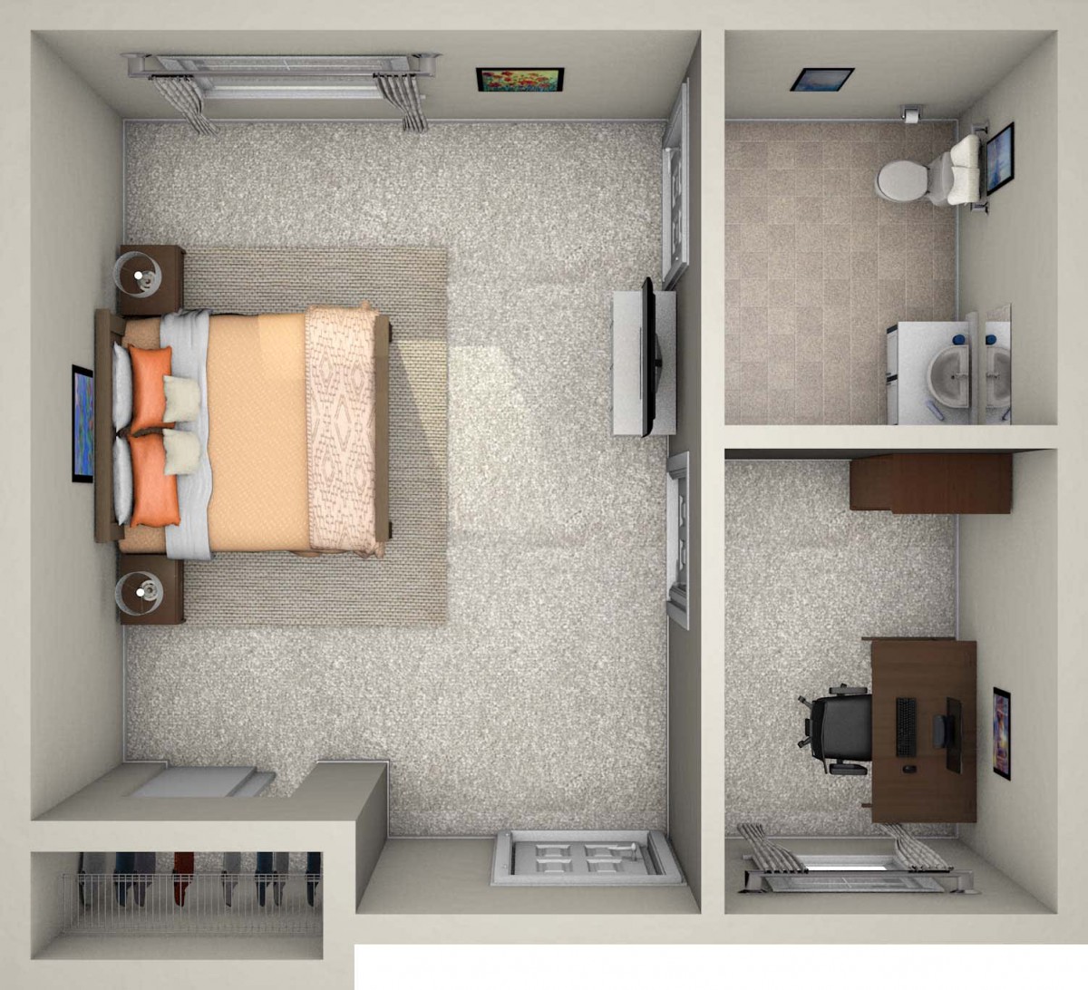 3D rendering of a bedroom floor plan with an adjacent office space and bathroom.