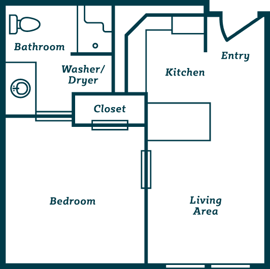 A floor plan of a one-bedroom apartment featuring a living area, kitchen, bathroom, and closet with washer/dryer.