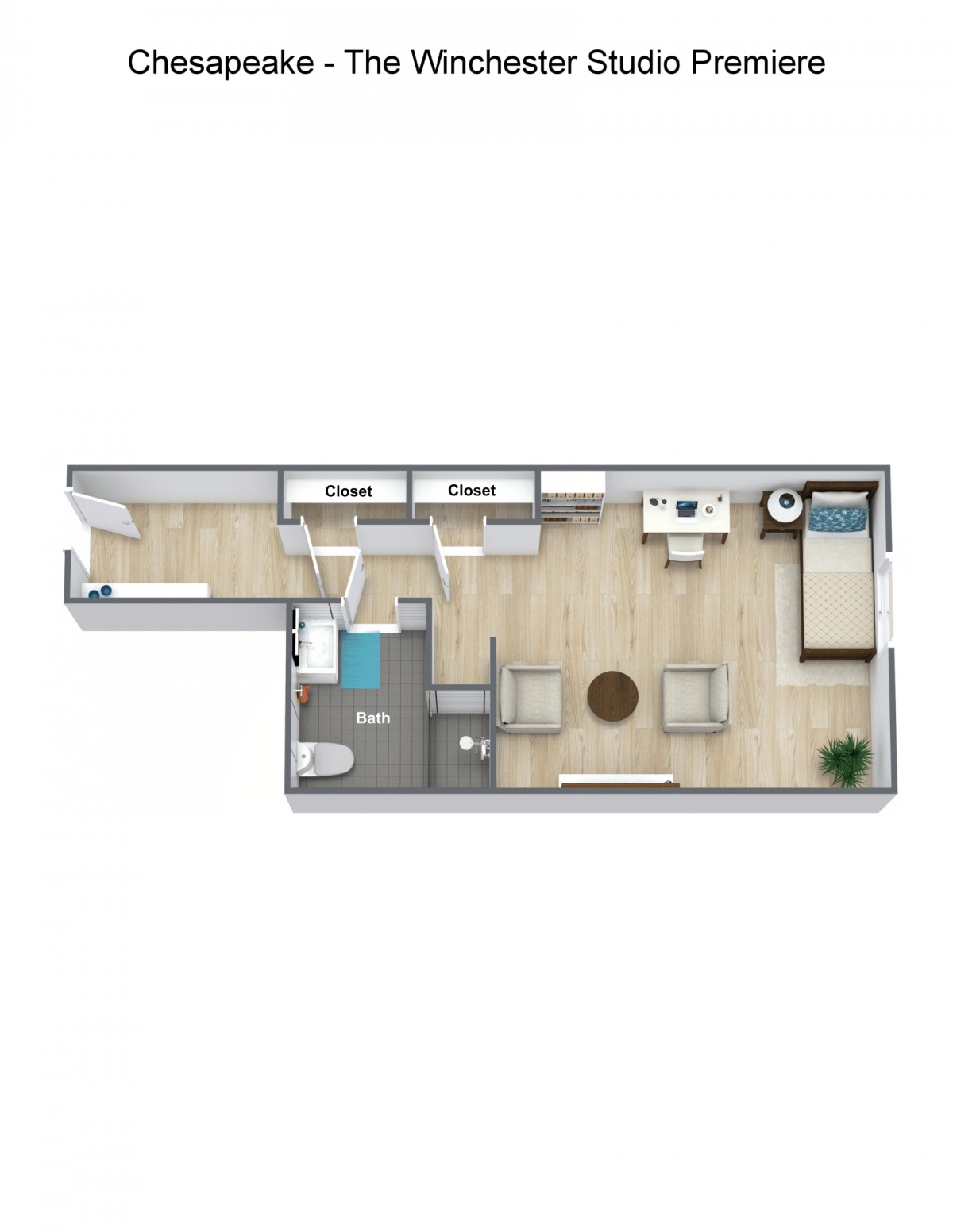 A 3D floor plan of a one-bedroom apartment featuring an open living area, kitchen, and bathroom.