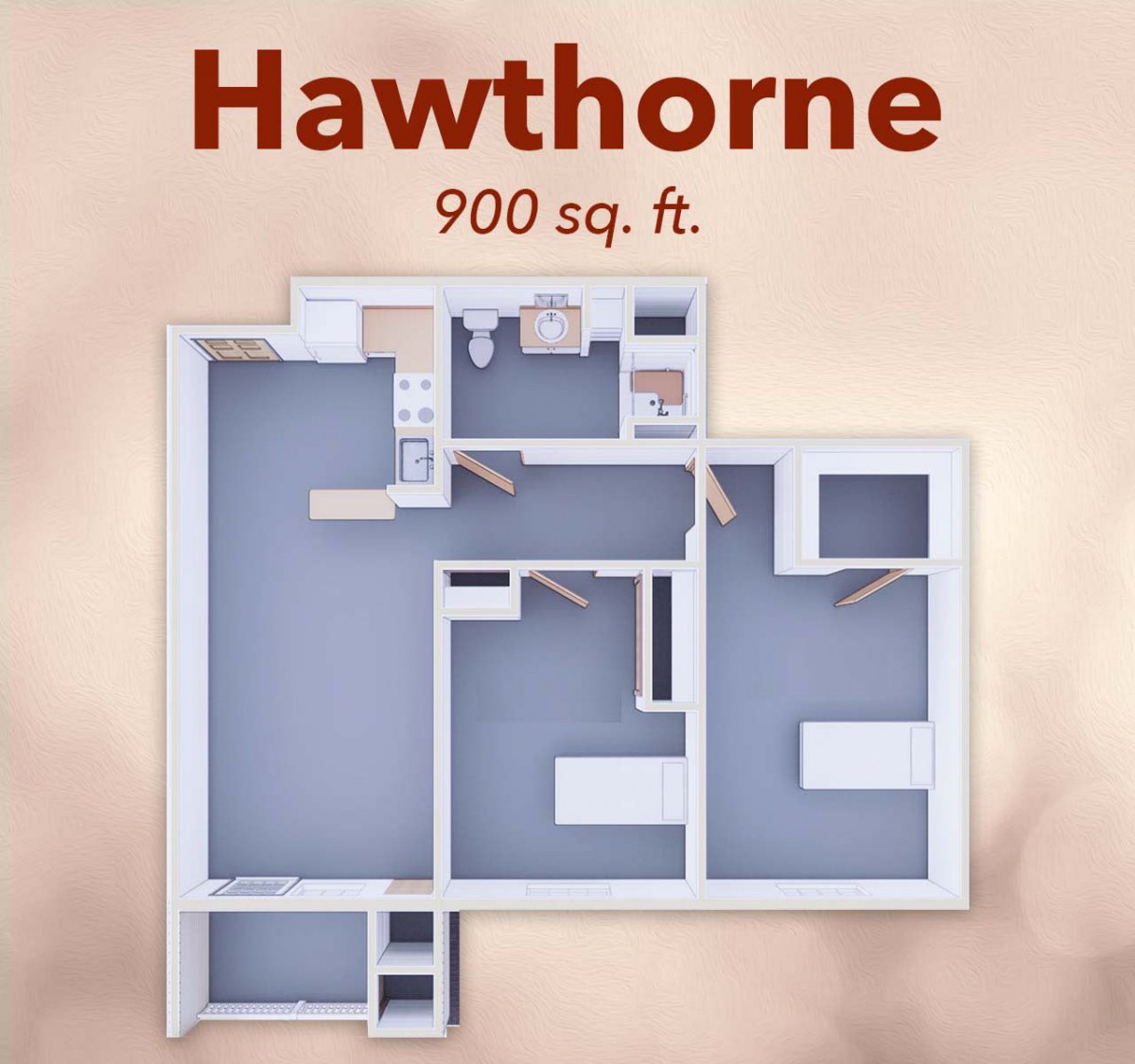 Floor plan of the Hawthorne apartment, measuring 900 square feet.