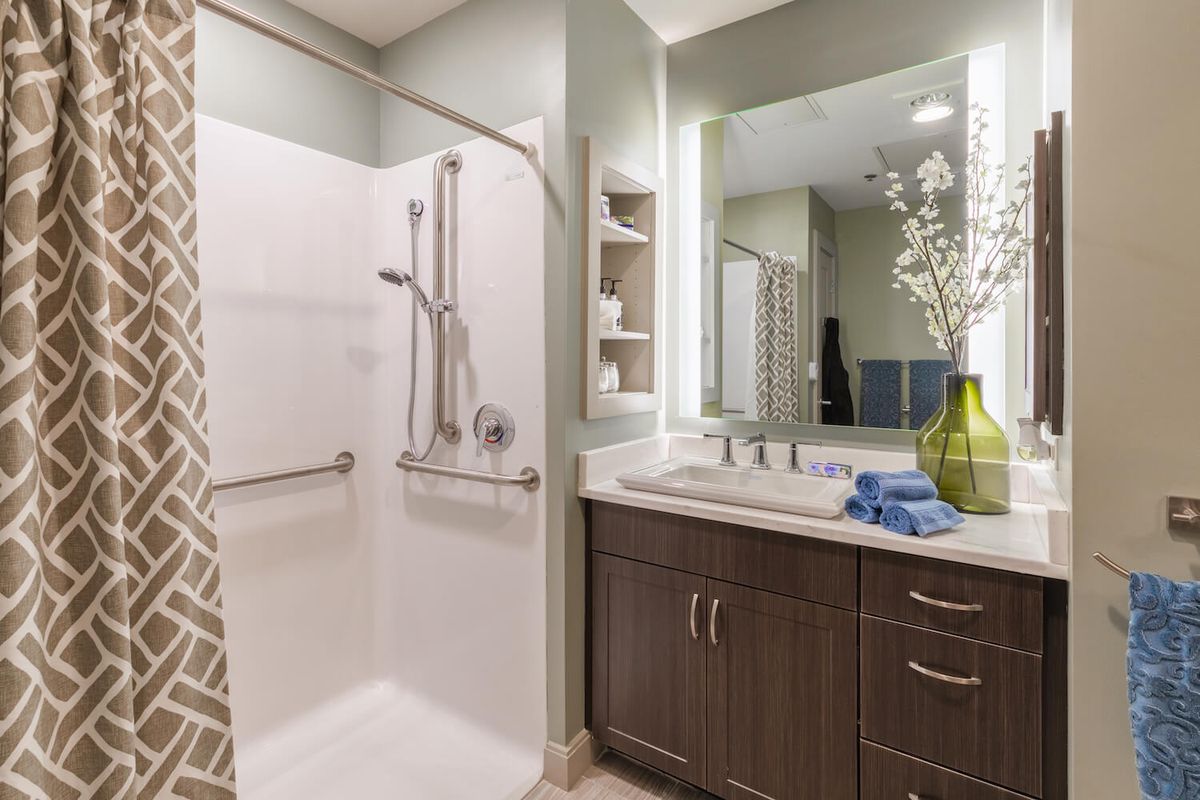 A modern bathroom featuring a shower area with grab bars, a sink with a dark wood cabinet, and a large mirror; accented by a decorative vase.