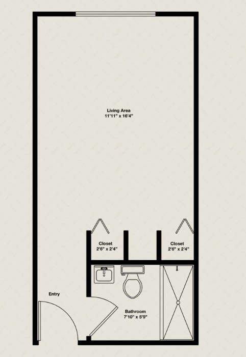 A simple floor plan of a studio apartment with a living area, bathroom, and closets.