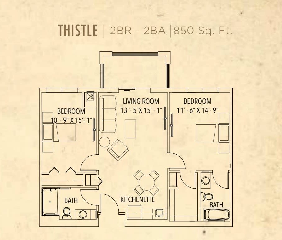 This is a floor plan for an apartment called 'Thistle', featuring 2 bedrooms, 2 bathrooms, a living room, and a kitchen with a total area of 850 square feet.