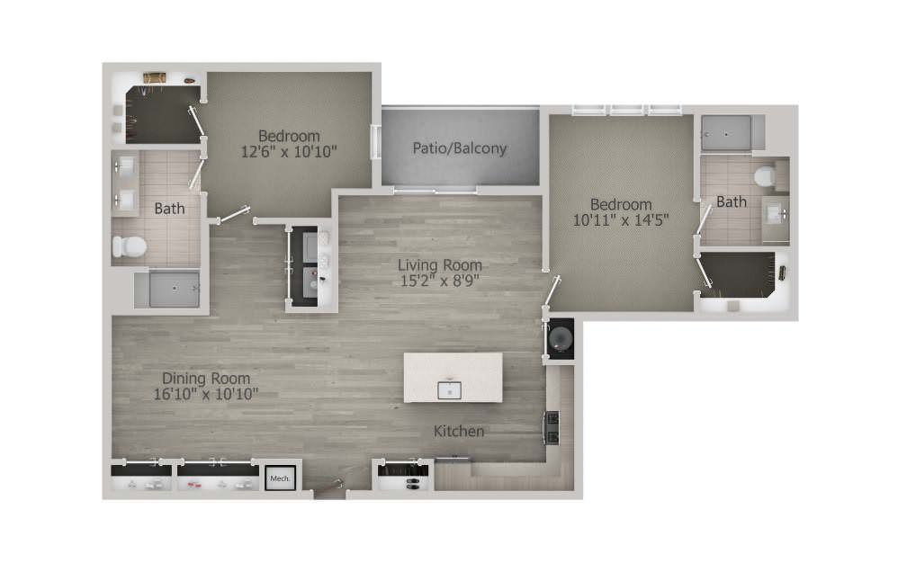 A 3D floor plan of an apartment featuring two bedrooms, a living room, kitchen, and bathroom.