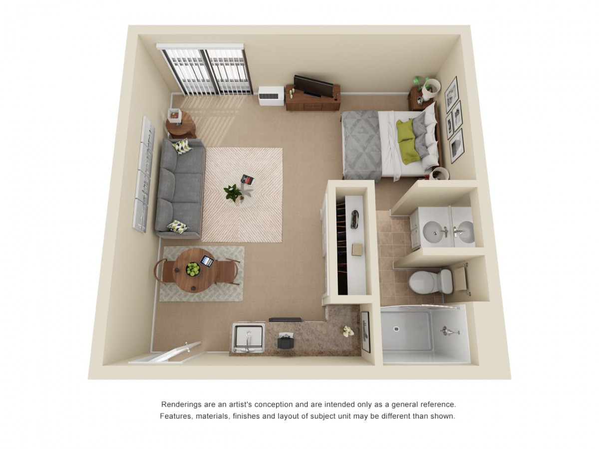 A 3D floor plan of a one-bedroom apartment displaying the layout with a living room, kitchen, bedroom, and bathroom.