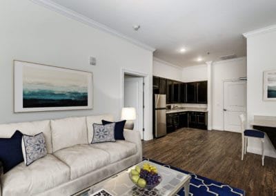 A modern apartment living room with a comfortable sofa, stylish artwork, and adjacent kitchen area.