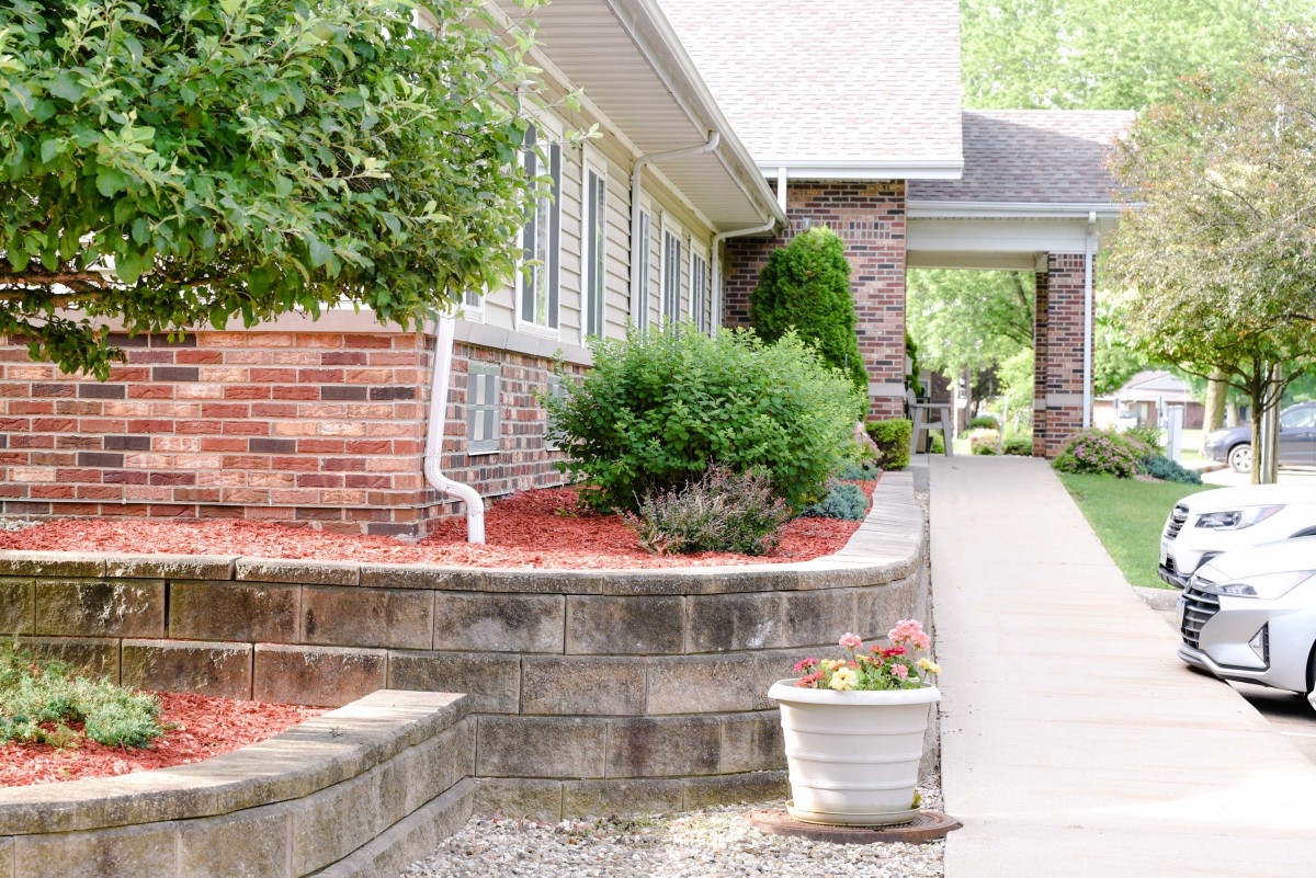 A well-maintained residential pathway with landscaping and potted plants.