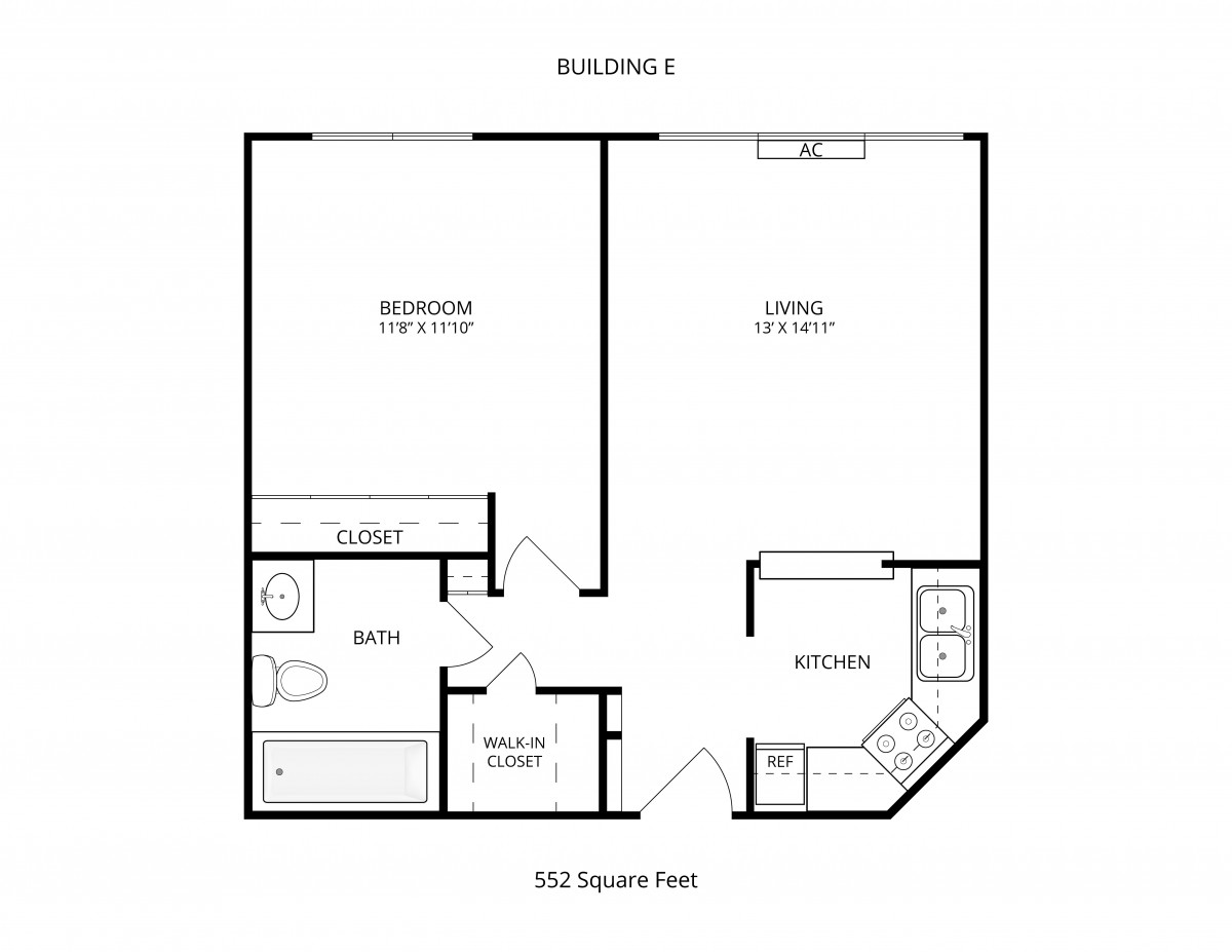 A floor plan of a one-bedroom apartment with a separate living room, kitchen, bathroom, and balcony.