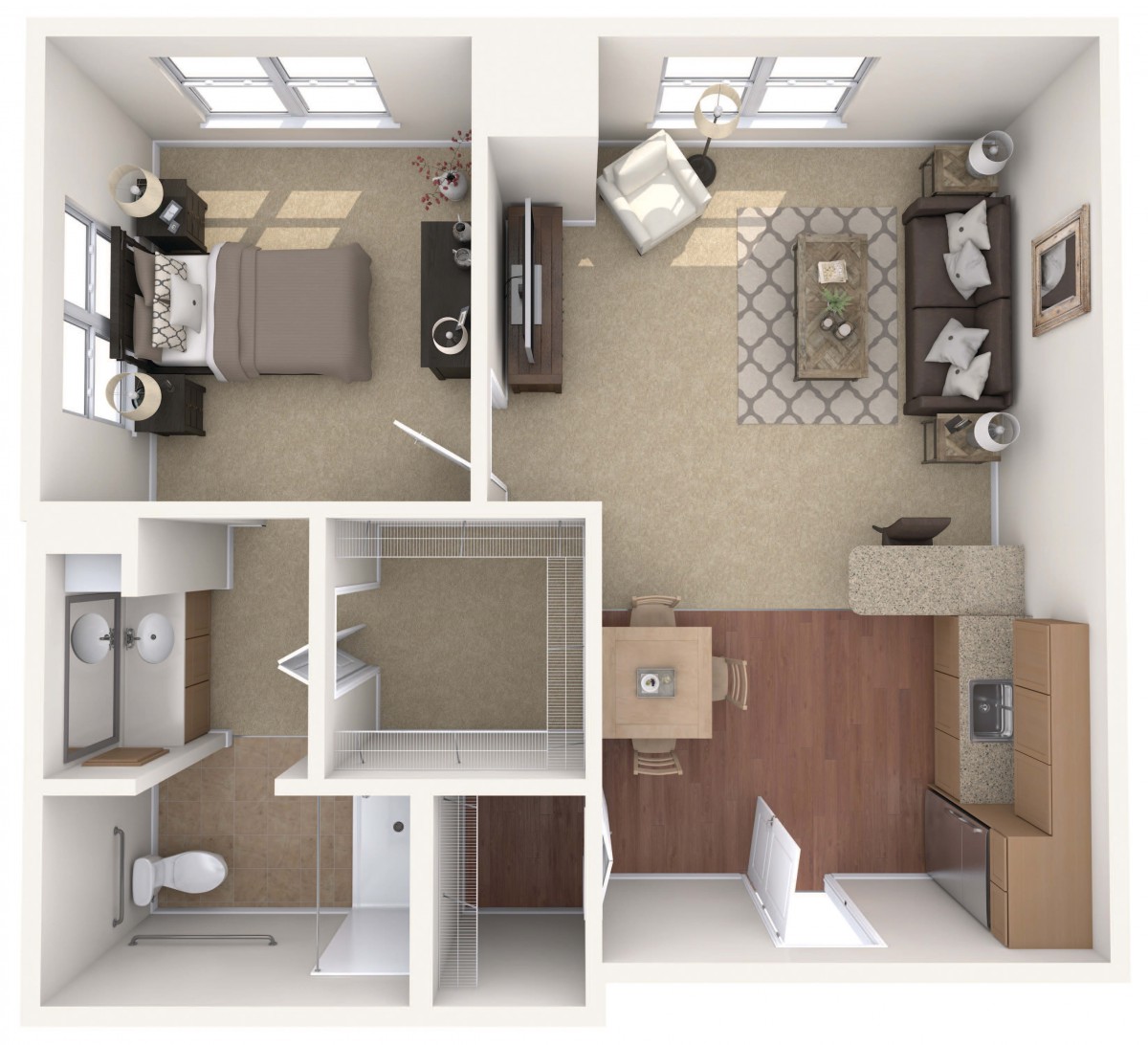 A top-down view of a one-bedroom apartment floor plan, showing the arrangement of rooms and furniture.