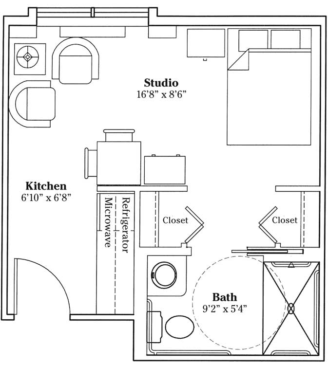 A floor plan of a studio apartment featuring a combined living and sleeping area, kitchen, and bathroom.