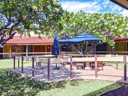 A serene outdoor patio area featuring a blue umbrella and comfortable seating, surrounded by lush greenery.