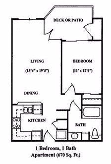 A one-bedroom apartment floor plan with designated areas for the kitchen, living room, dining, bedroom, and bathroom.