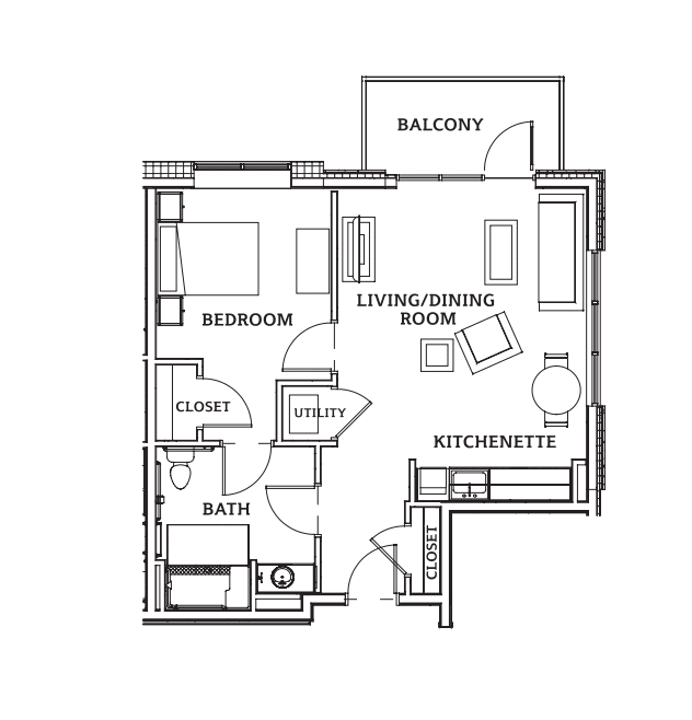 A detailed floor plan of a one-bedroom apartment featuring a living room, kitchenette, bathroom, and balcony.
