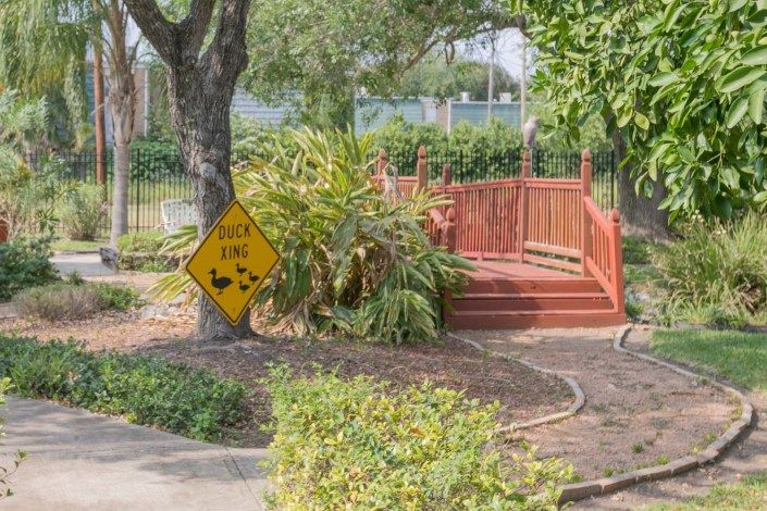 A serene garden pathway featuring a small wooden bridge and a caution sign.
