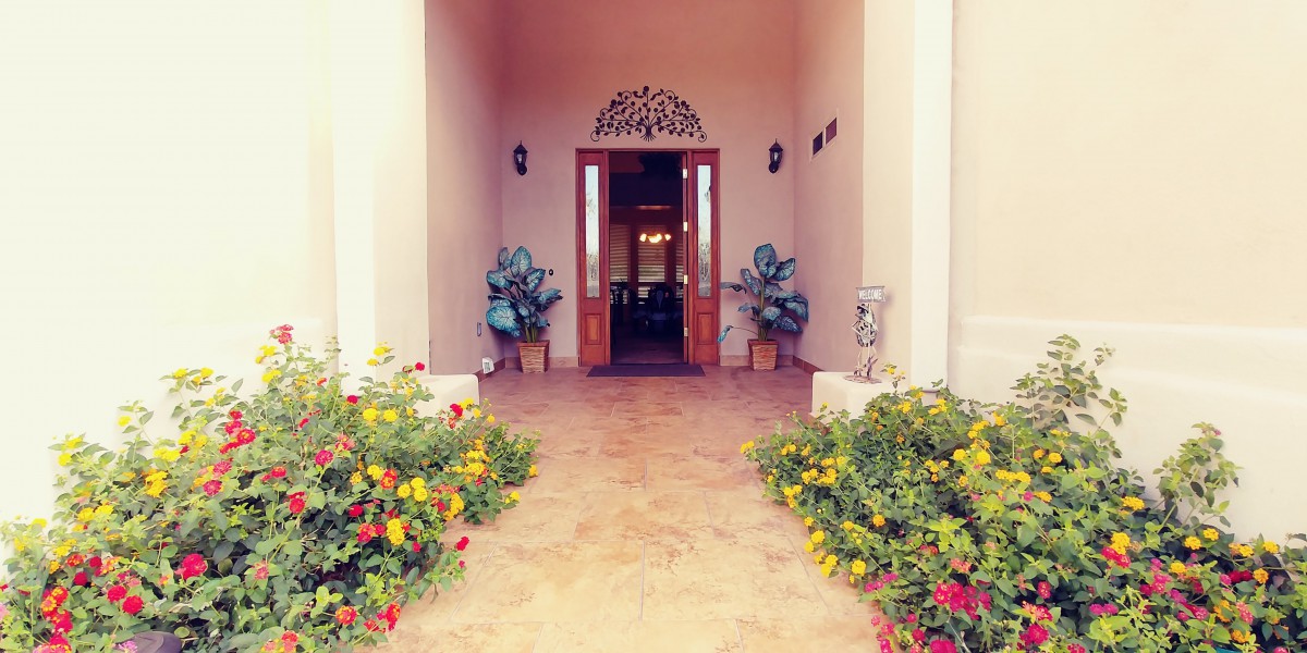 A welcoming entrance with decorative plants and flowers leading into a well-lit interior.