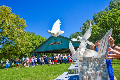 A lively community festival featuring birds in flight against a bright blue sky.