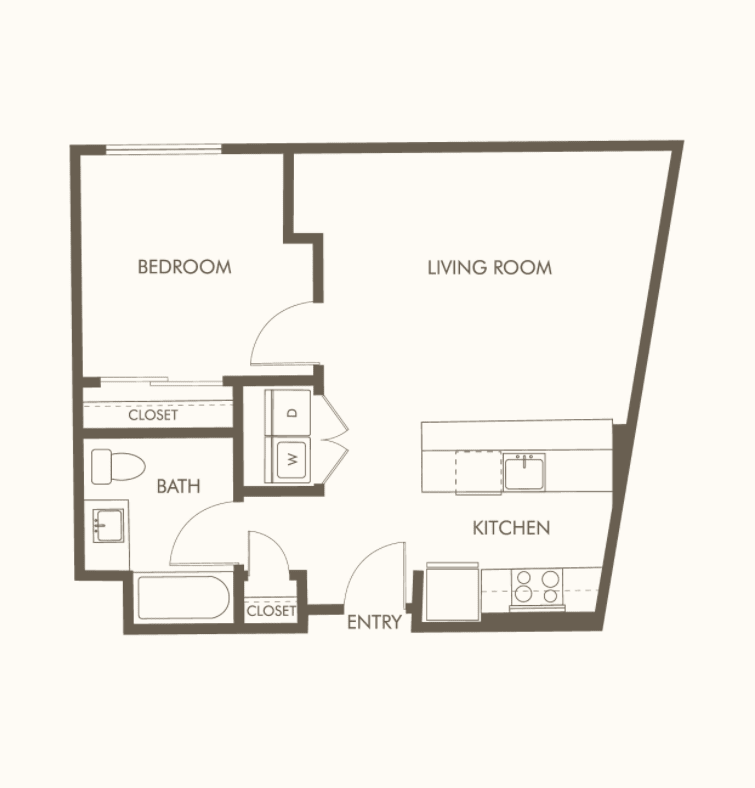 A simple floor plan illustration showing a one-bedroom apartment with a living room, kitchen, and bathroom.