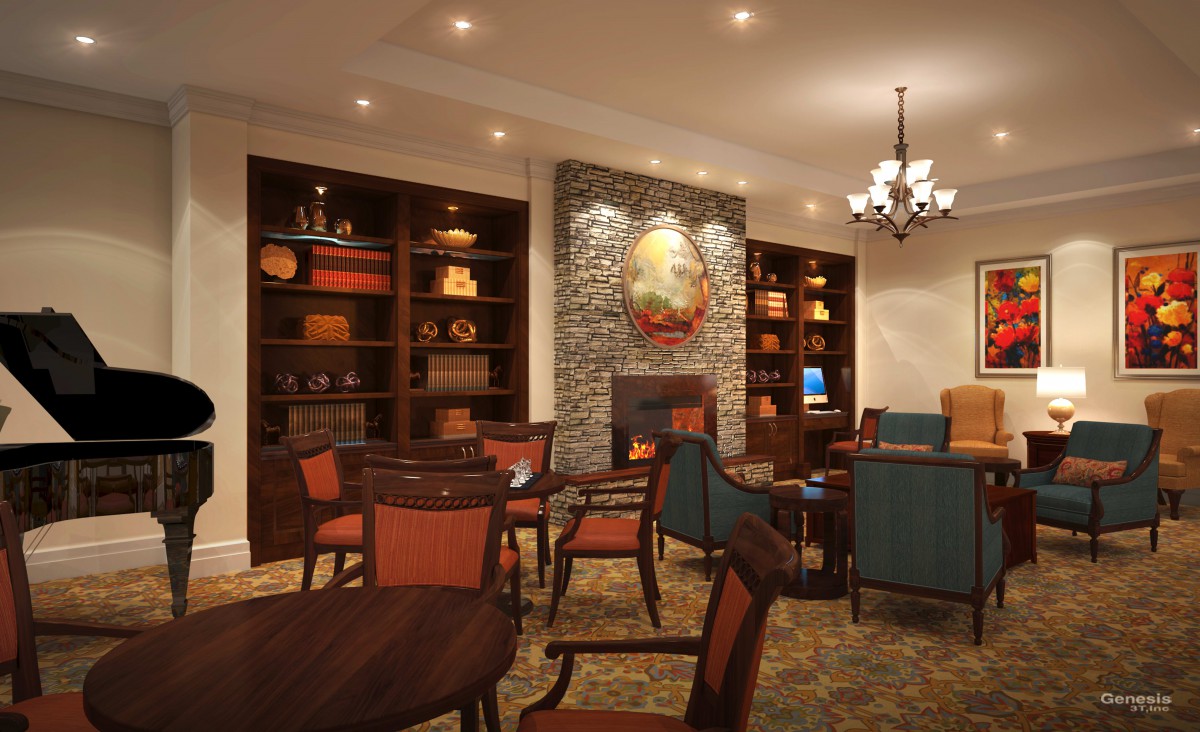A cozy library interior with a fireplace, bookshelves, and comfortable seating arrangements.