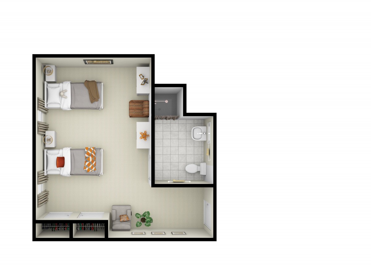 Floor plan of a one-bedroom apartment featuring a kitchen, living area, and bathroom.
