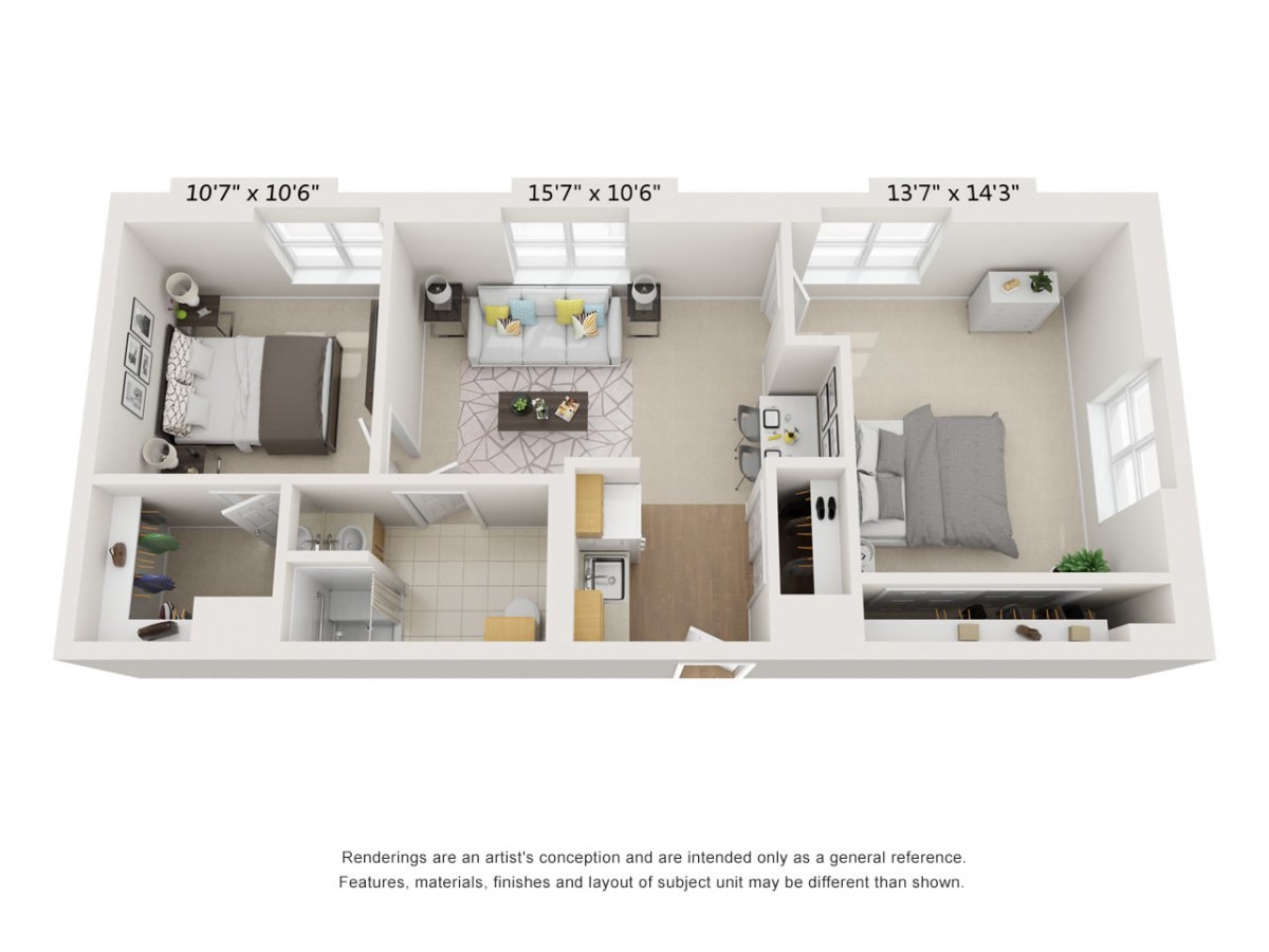 A 3D floor plan showcasing a compact apartment with two bedrooms, a living area, and a kitchen.