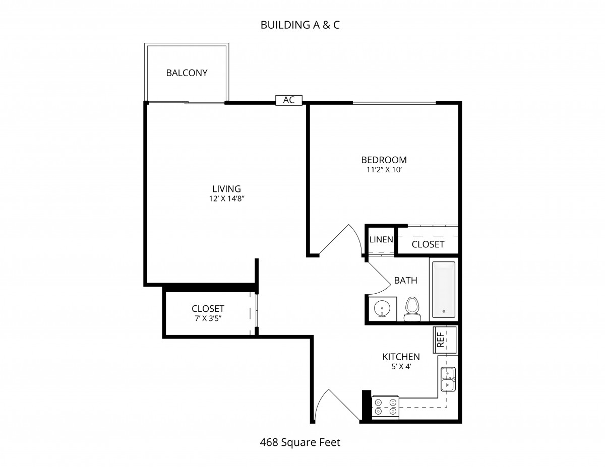 This is a floor plan of a 480 square foot apartment featuring one bedroom, a living room, kitchen, bathroom, and balcony.