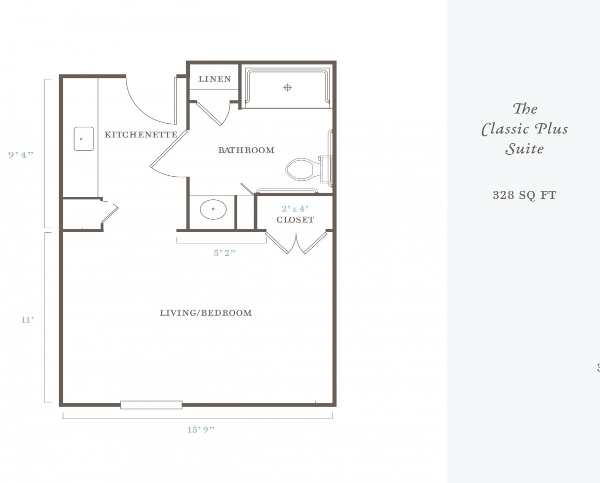Studio apartment floor plan with a kitchen, living area, bathroom, and closet.