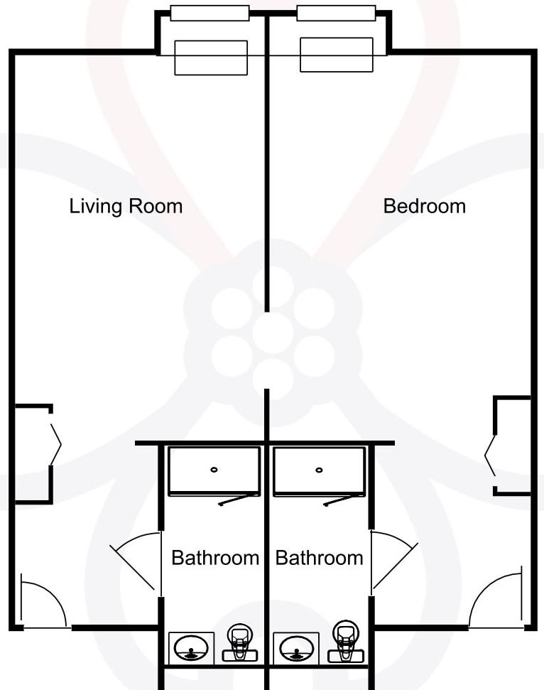 A simple floor plan layout showing a living room, bedroom, and two bathrooms.