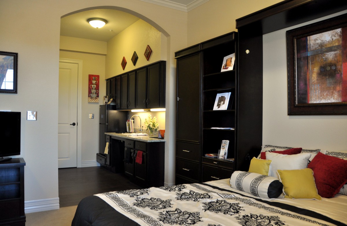 A modern bedroom with a kitchenette and stylish decor.