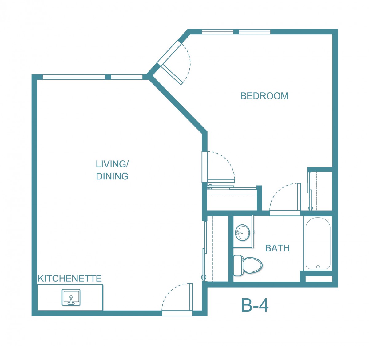 A floor plan of a one-bedroom apartment with a living/dining area, kitchenette, and bathroom.