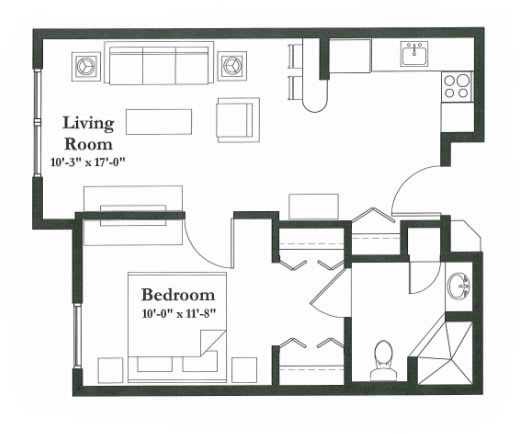 Floor plan of a one-bedroom apartment with labeled living room, bedroom, kitchen, and bathroom areas.