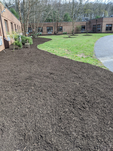 A freshly mulched garden area with a curved path and grassy sections.
