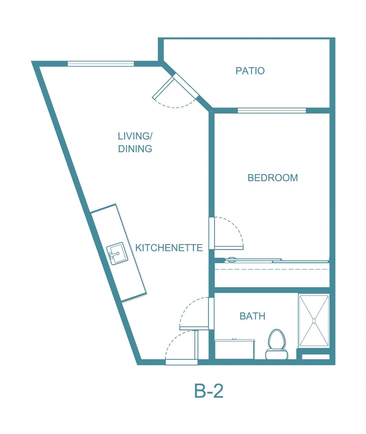 Floor plan of a one-bedroom apartment featuring a living/dining area, kitchenette, bathroom, and patio.