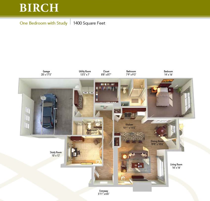 3D floor plan of the Birch model two-bedroom apartment.