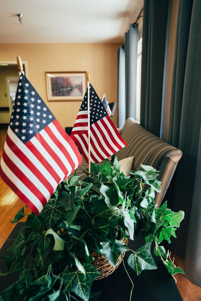 Indoor display of American flags among green plants.